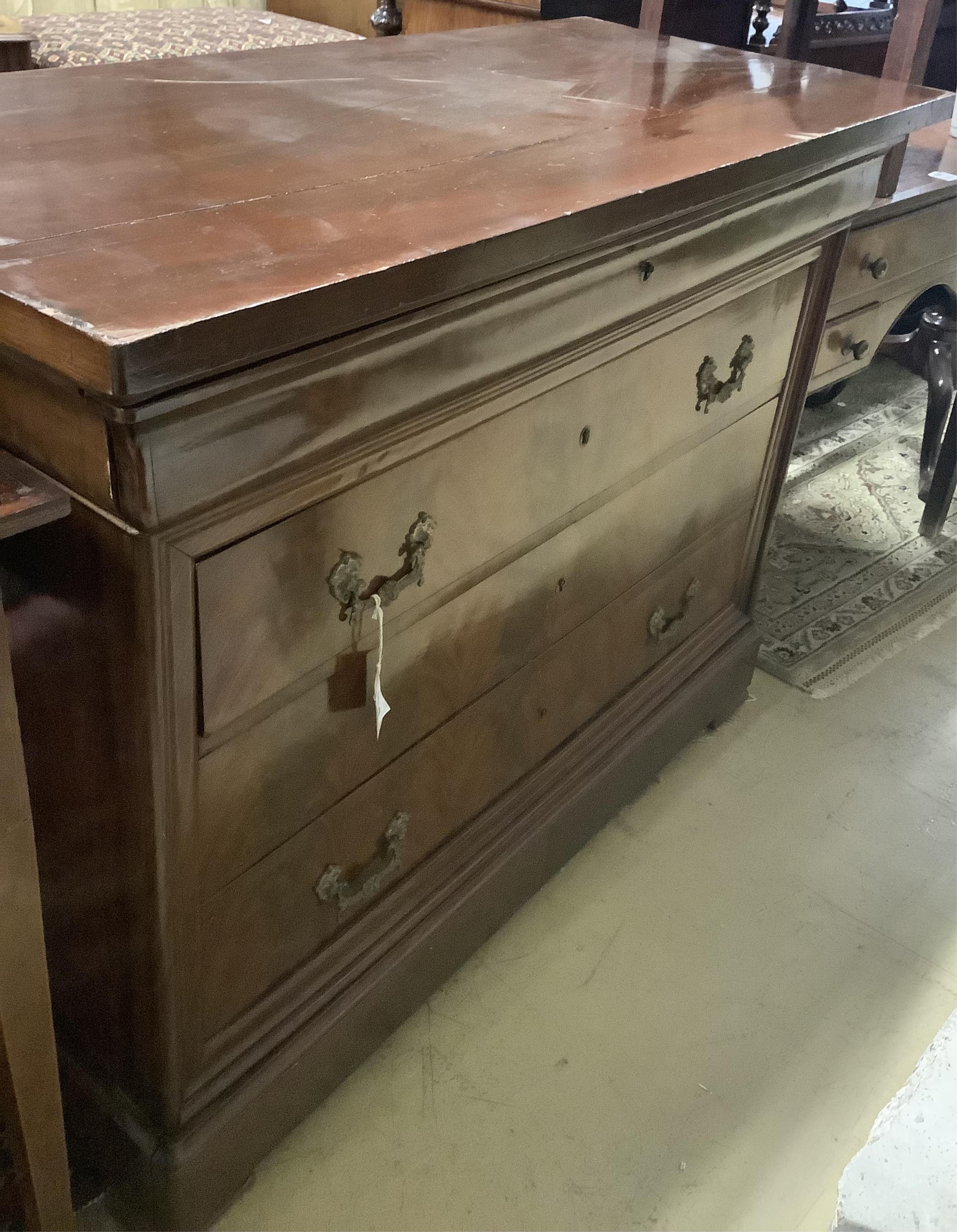 A 19th century French mahogany commode, width 125cm, depth 55cm, height 96cm. Condition - poor to fair